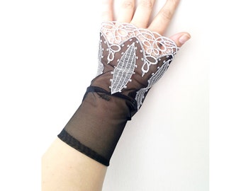 Black Grandeur luxury Wedding wrist cuffs glove, Bridal accessory, wrist warmers gothic burlesque goth vintage, vampire glove