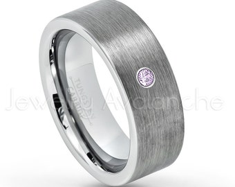8mm Brushed Pipe Cut Tungsten Ring, 0.07ct Men's Amethyst Ring, February Birthstone Ring, Comfort Fit Tungsten Carbide Wedding Ring TN669BS