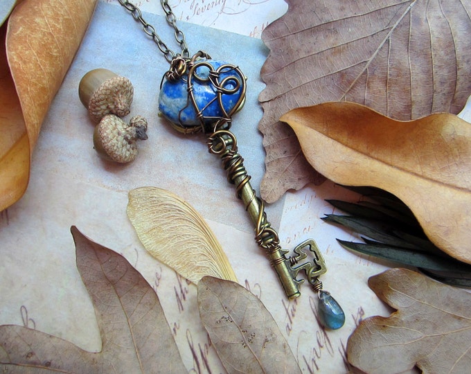 Large wire wrapped skeleton key necklace "Celestial Keeper" with Lapis Lazuli paired with blue Labradorite. Custom length chain.