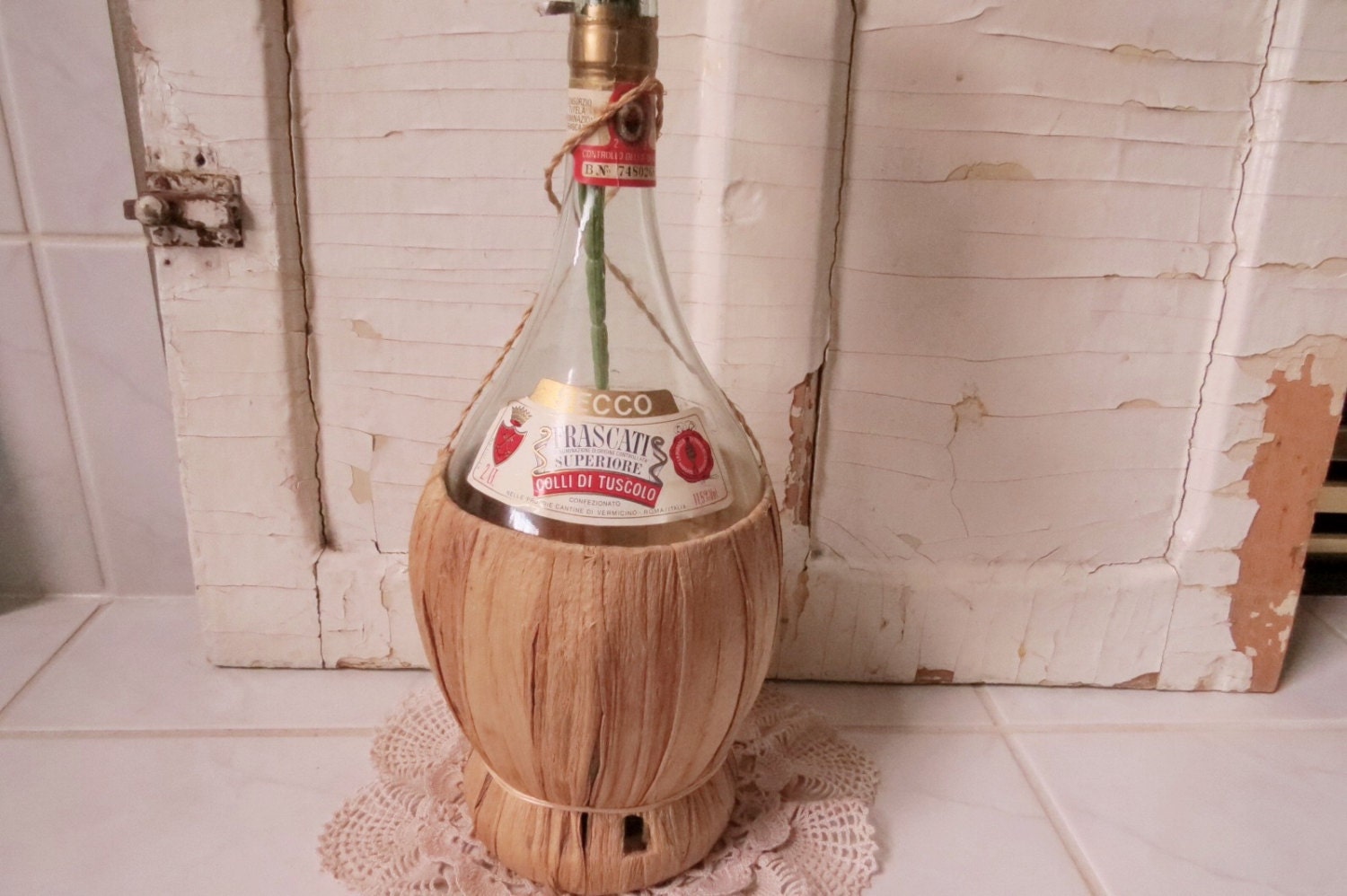Vintage Raffia Wine Bottle 1989 Bolla Soave Straw Bottle Made