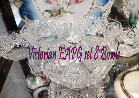 Antique Glass Bowls EAPG Victorian Early American Pressed Glass Set of Eight Bowls Wedding Table Reception Country Cottage Farm Home Decor