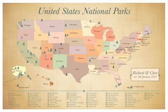 24 X 36 Map Of United States US National Park Map - Personalized United States Map - National Parks Service Map - 24