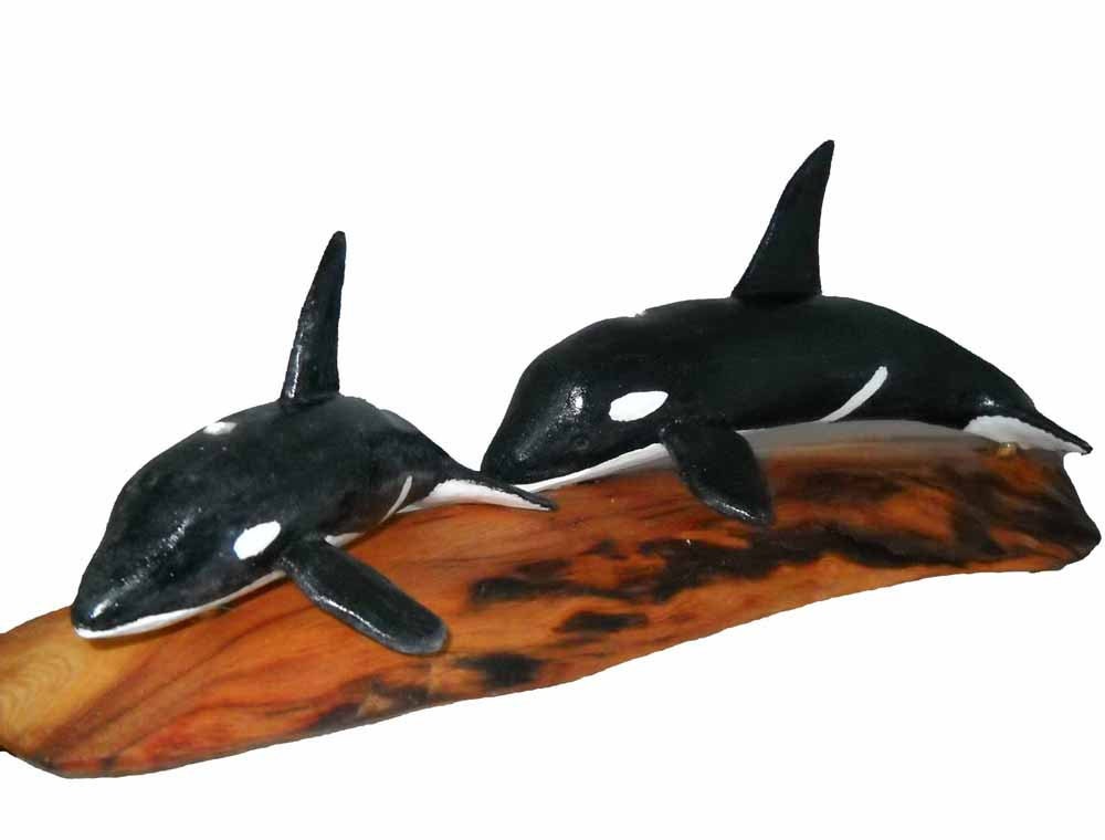 Orca Whale Wood Carving Mother and Baby Orca Wood Sculpture