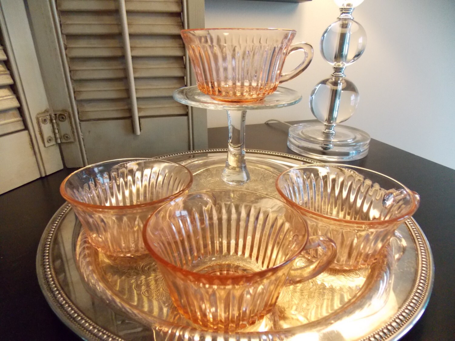 TEA CUPS Pink Depression Glass Set of Four Pink Glass Queen
