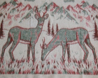 Rustic Deer Blanket, Reversible Woodsy Pine Trees Teal Green Burgundy Red Cream Stadium Picnic Blanket, Deer Hunter Dorm Twin Bed Coverlet