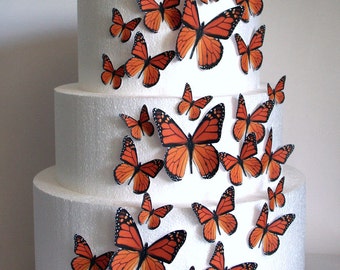 Edible Butterfly Cake Decorations, Orange Monarch Edible Butterflies, Set of 24 DIY Cake Decor, Edible Cake Decorations, DIY Wedding Cake