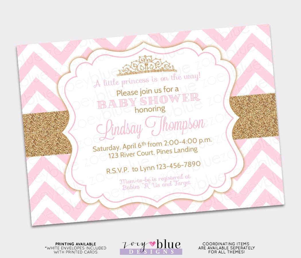 Princess Baby Shower Invitation Pink Chevron Gold Glitter