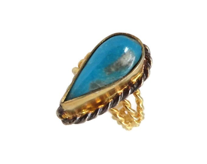 Turquoise Teardrop 14K GP Ring, Vintage Gold Plated Sterling Silver Ring, Triple Band, Size 4.5