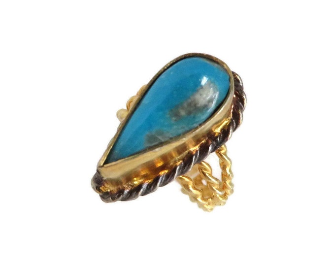 Turquoise Ring, Teardrop Ring, Vintage Gold Plated Sterling Silver Ring, Triple Band Ring, Birthday Gift for Her, Size 4.5