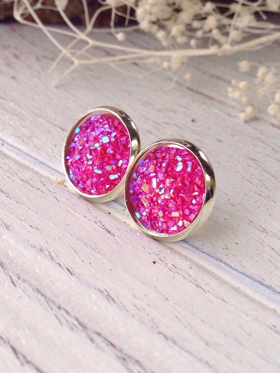 Hot Pink Sparkly Faux Druzy Stud Earrings//Druzy