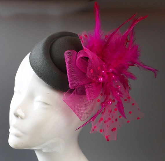 Grey and Fuchsia Hot Pink Fascinator Hat Pill Box by Caprilite