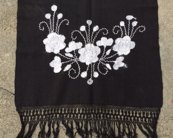 Floral Embroidered Mexican Table Runner Black and White