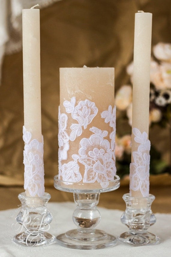 Caramel & lace wedding unity candles rustic by RusticBeachChic