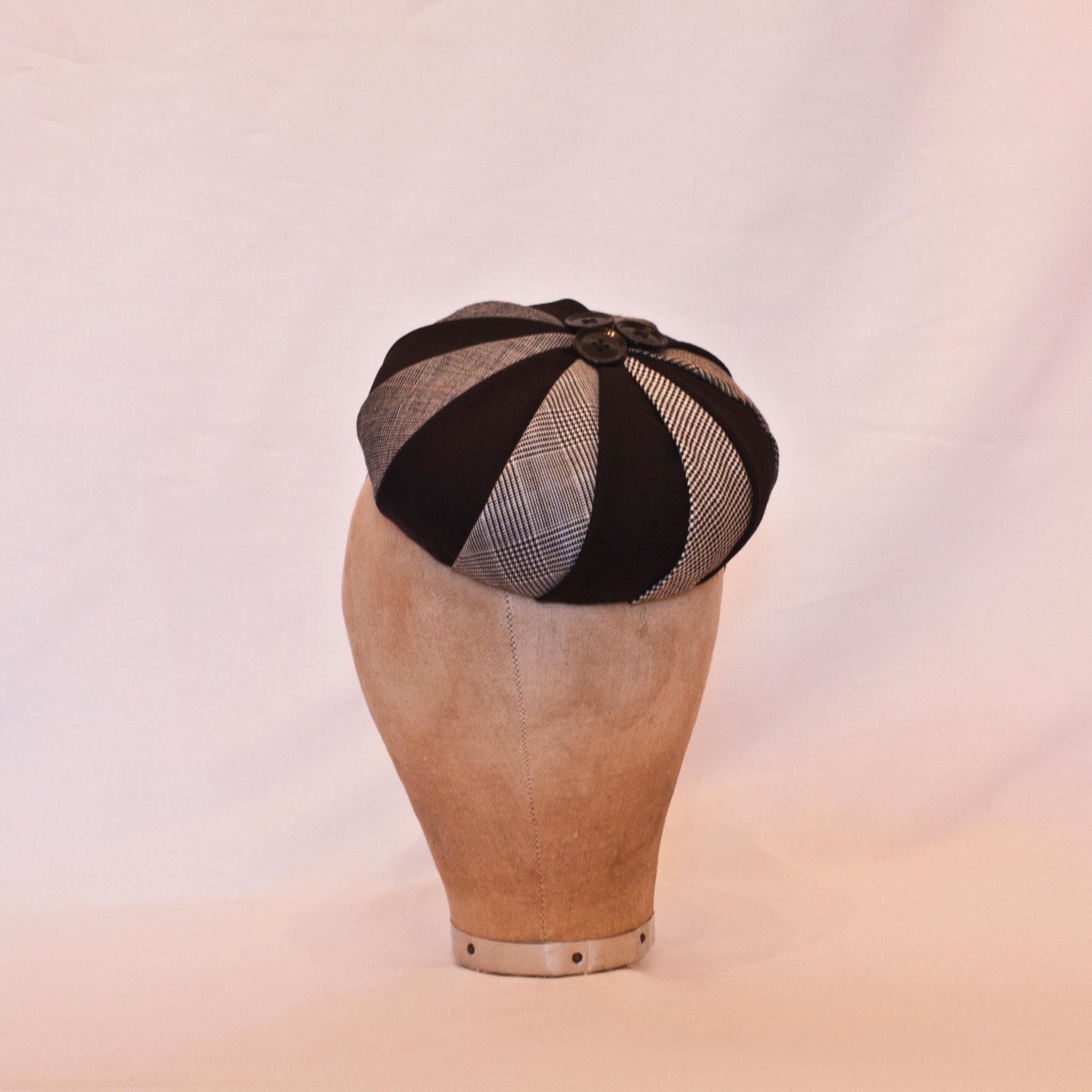 Unique black, white and grey pleated wool pill box hat