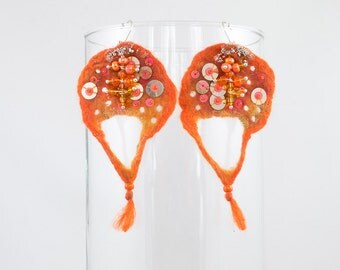 Felt earrings-Leaves felted wool and silk-beads-sequins-orange