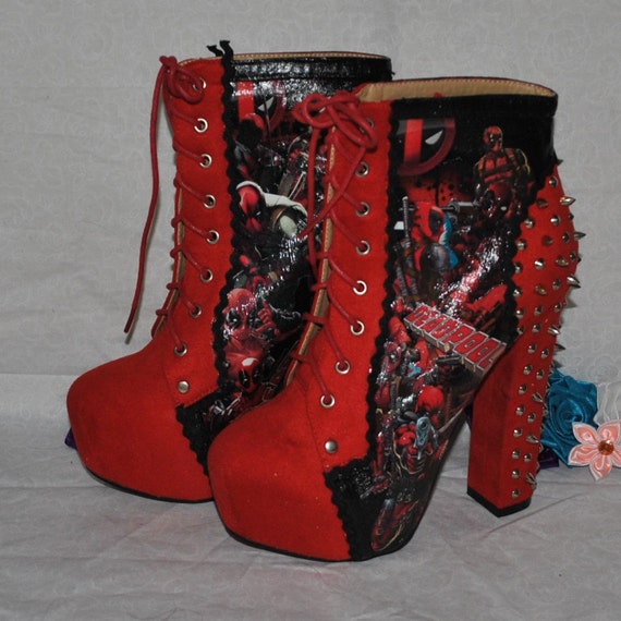Handmade Custom Deadpool Block Heel Spiked Boots Fashion