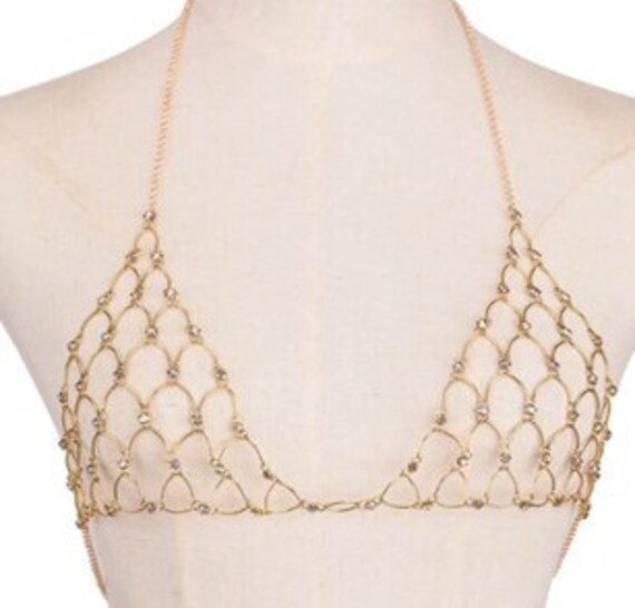 Coloured crystal chain bra /Rhinestone accent chain bra/Gold