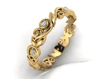 Diamond Eternity Band, Wedding Band, Matching Diamond Band, Vine and Leaves Wedding Ring, Yellow Gold Wedding Band, Diamond Wedding Ring