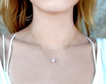 Dainty Rose Quartz Raw Gem Stone Necklace / 14k Gold Fill Rose Gold Sterling Silver Chain / Minimal Simple Short Layering / Bridesmaid Gift