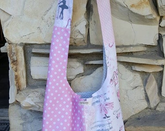 Ballerina and polka dots across the body hobo bag. Reversible hobo bag, slouch bag, boho bag, dance bag, Ballerina bag, Ballerina hobo.