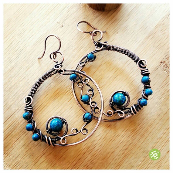 Copper wire hoops big azurite earring hoop wire wrapped