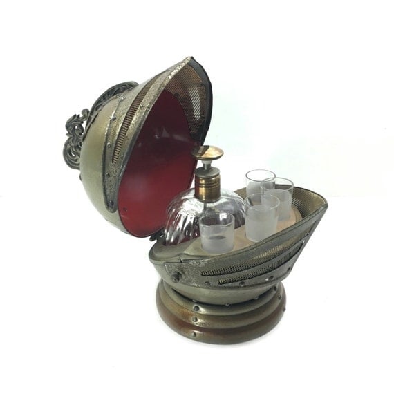 Vintage Knight's Helmet Bar Set with Clear Glass Decanter