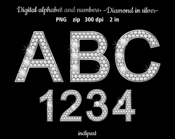 Diamond in silver alphabet clipart. Rhinestone letters and