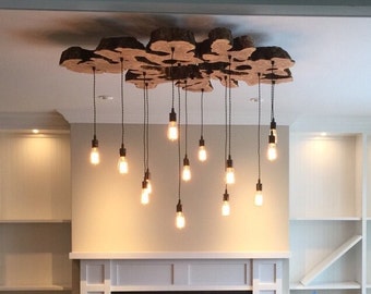 Custom to order Showpiece Live Edge Slab Light Fixture with LED Edison bulbs Twisted Fabric Wire Chandelier Details in description*