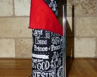 Reusable Paper Towels - 12 - Black "King of Kings" chalk cotton front with red flannel background - Optional snaps