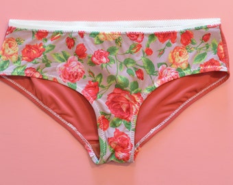 Floral and orange panties "Orange Sanguine", mid-low waist, floral mesh and solid stretch orange fabric, comfy knickers, vintage style