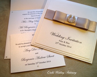 Diamante Horseshoe Wedding Invitation And RSVP Card Various Colour Options For Satin Ribbon Diamante Horseshoe Wedding Invitation And RSVP Card Various Colour Options For Satin Ribbon