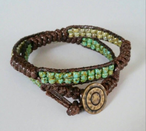 Beaded Bracelet double wrap Spanish knot Leather Cord Glass