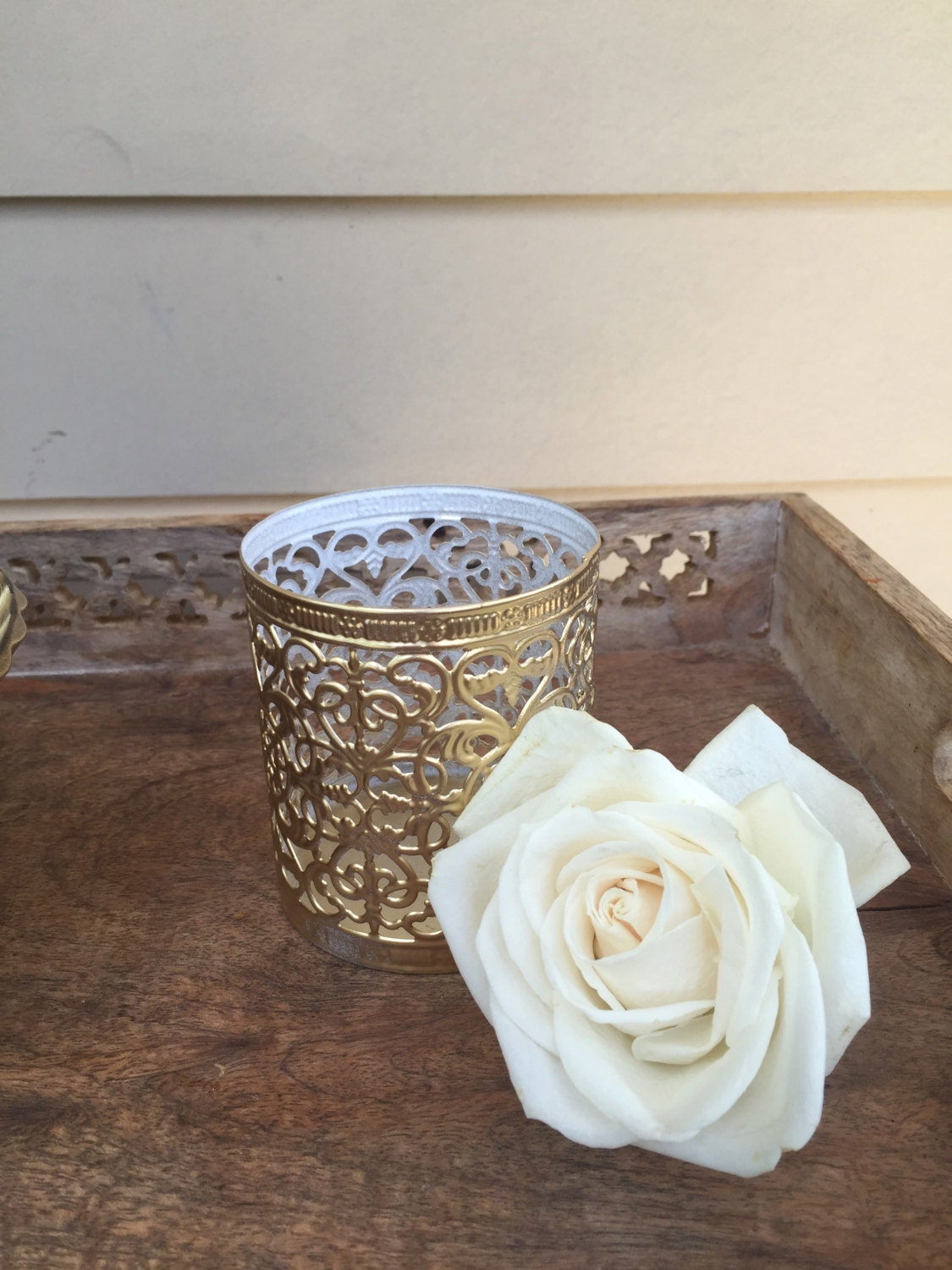 Beautiful Intricate Metallic Yellow Gold Glass Votive Candle