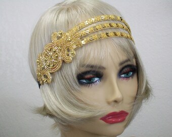 Great Gatsby headpiece, Flapper headband, 1920s headband, Roaring 20s, Gold sequin headband, 1920s hair accessory, Vintage inspired
