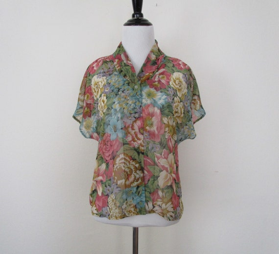 90s Sheer Floral Romantic Blouse Button Down Short Sleeve