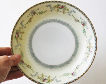 Vintage Meito China soup bowls, floral sprays on cream background, blue and yellow rim, cottage dishware