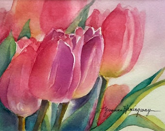 Red Tulips Watercolor Painting Close Up of by YvonneHemingway