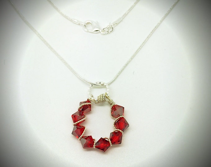 Red wire wrapping silver necklace, Red Swarovski wire wrapping, silver wire wrapping red Swarovski crystals