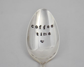 Coffee time, hand stamped coffee spoon. Vintage silver plated by SamirahCollections - coffee lover gift