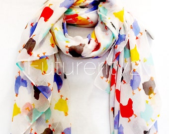 Beige / Off White Multicolour Chickens Spring Summer / Autumn Scarf / Gift For Her / Womens Scarves / Fashion Accessories