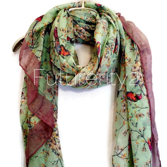 Light Green Love Bird Cherry Blossom Purple Trim by Futurerity2