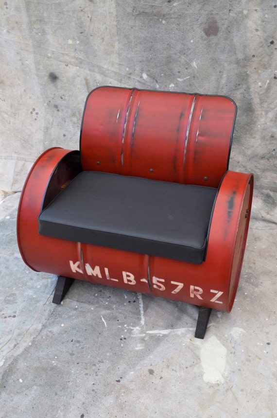 Industrial Furniture Barrel Chair Distressed Red Vinyl padded