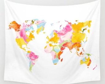 World Map Wall Tapestry / Cream Tapestry with Watercolor Map / Map Wall Tapestry / Aldari Home