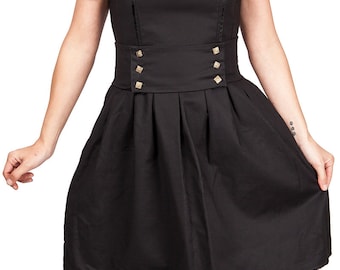robe vintage volantée en satin de coton noir ornée d'un ruban en dentelle et satin