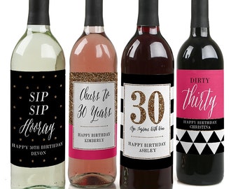 30th Birthday Wine Bottle Labels - Custom Chic 30th Birthday Wine Bottle Labels - Funny Personalized Wine Gift for Women - Set of 4 Labels