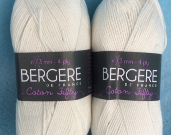 Coton 50, Cotton Yarn, Acrylic Yarn, Baby Yarn, Hand Knitting Yarn, High Fashion Yarn by Bergere De France, Nougat, Off White, Washable