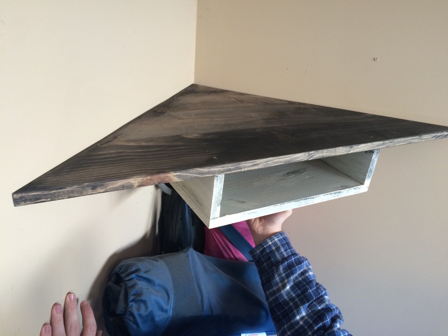 Custom barnwood distressed white corner shelf wall decor