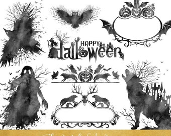 Creepy Halloween Clipart - Black Watercolor - INSTANT DOWNLOAD - 20 .PNG Images