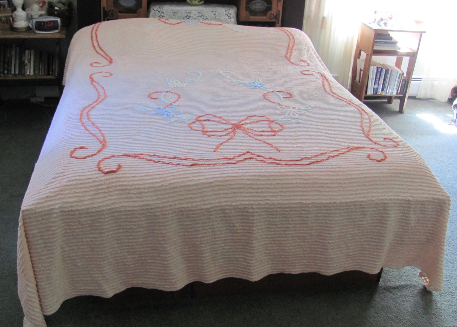 Vintage Chenille Queen Bedspread Peach Floral Tufted Pattern