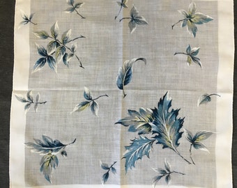 Vintage Leaf Handkerchief/ Hankie Blue White Linen Cotton